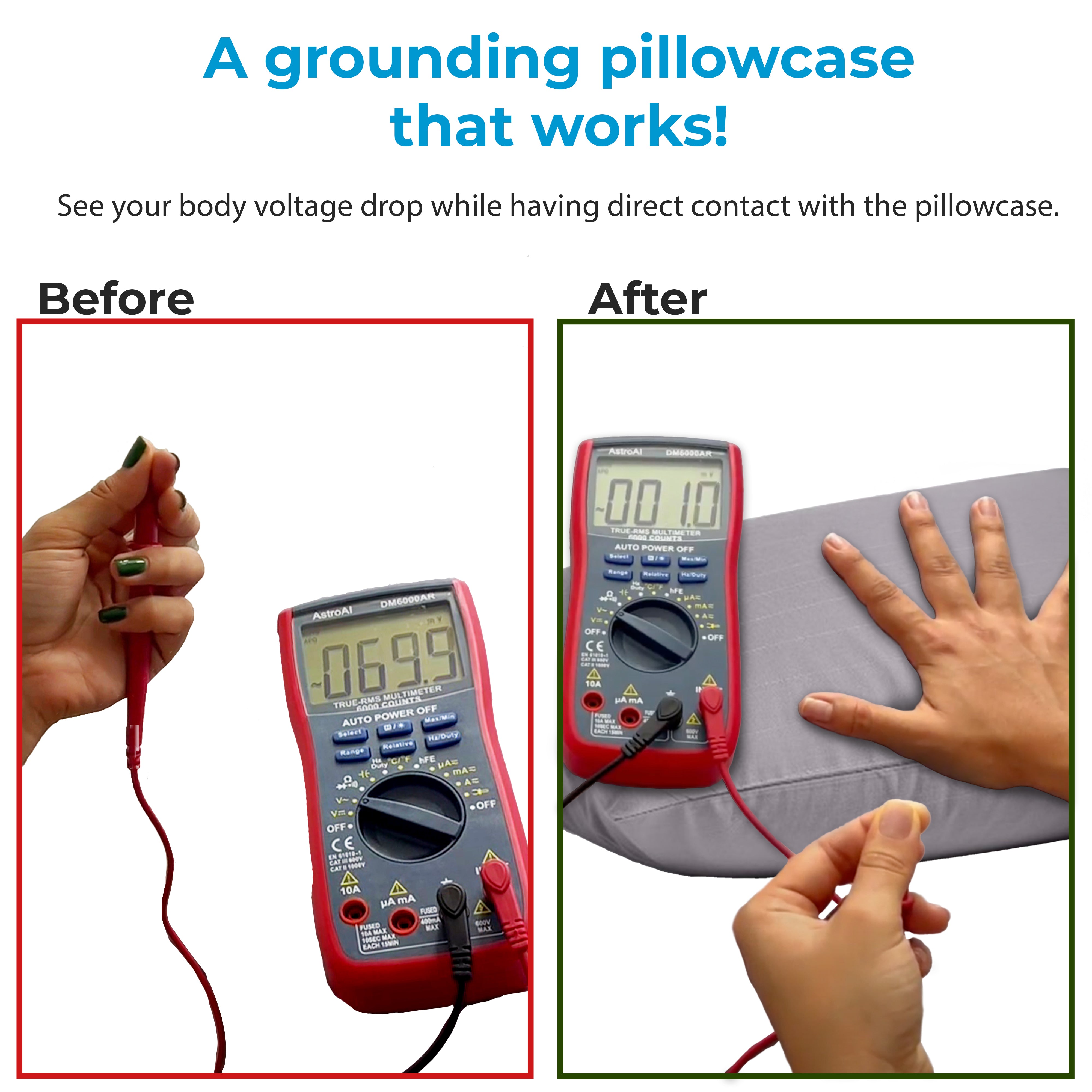 before and after image of a multimeter test showing a drop in body voltage while touching the earth grounding pillowcase