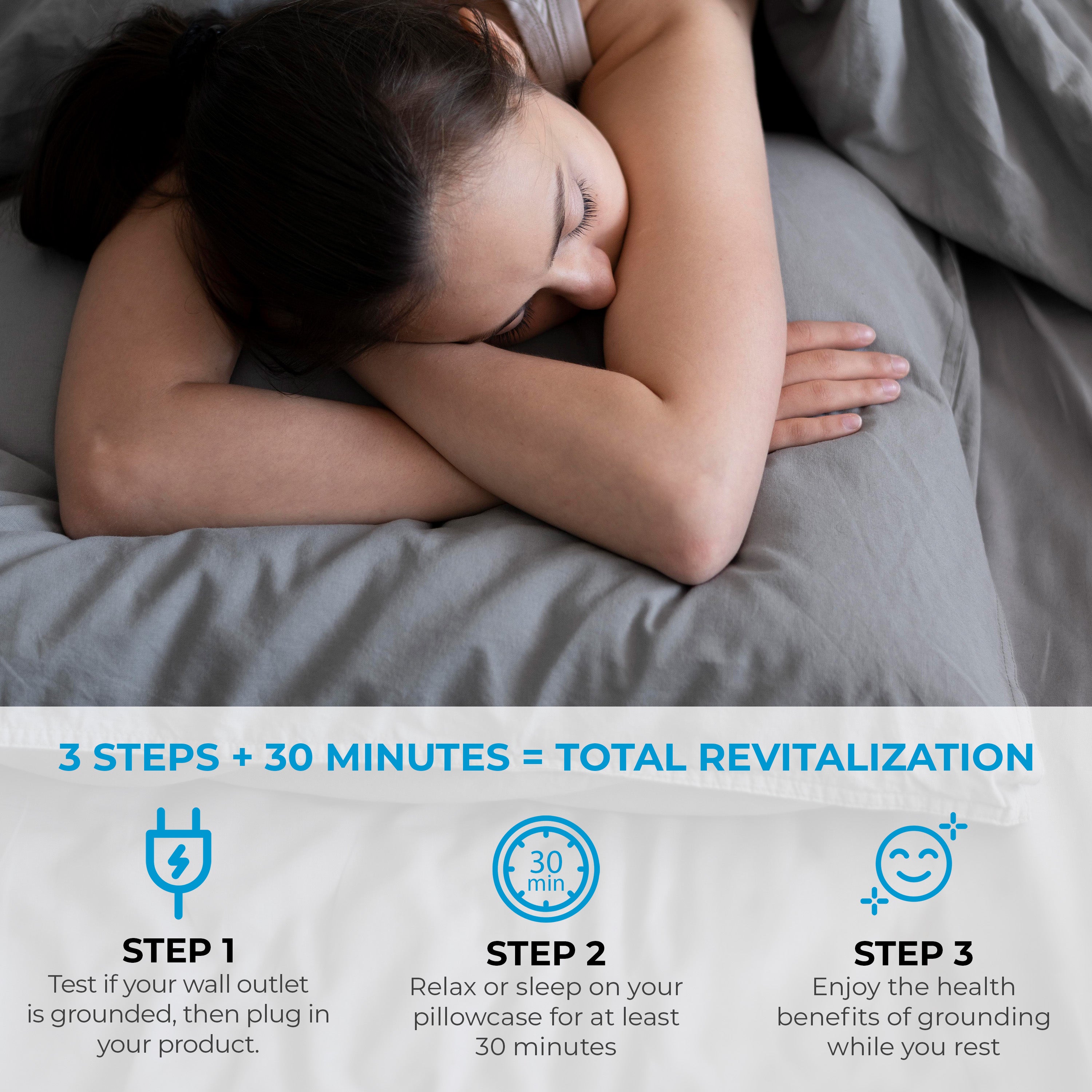 woman sleeping on a bed with grounding pillowcase for earthing with steps on how to use the pillow case